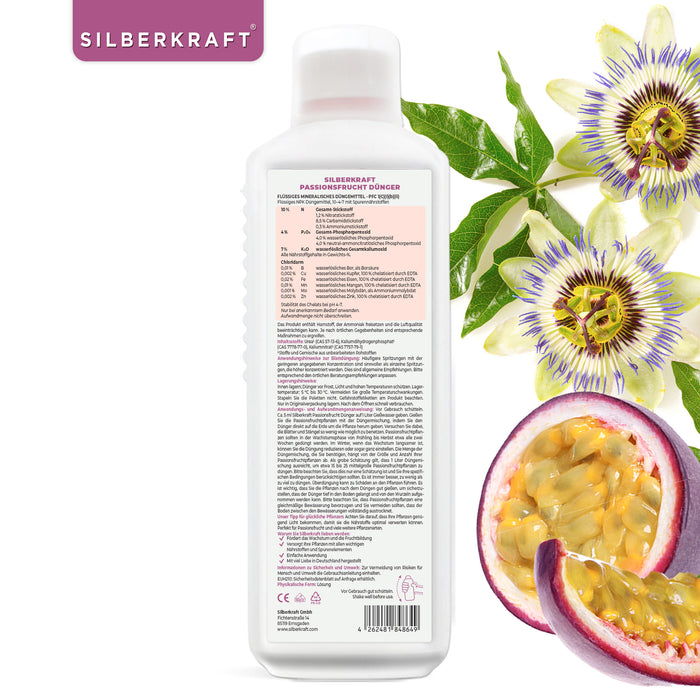 Passionsfrucht Dünger - Mineralischer NPK Flüssigdünger mit Stickstoff - Dünger für Passionsfruchtpflanzen - Maracuja Dünger - Passionsblumen Dünger - Exotischer Pflanzendünger - Silberkraft