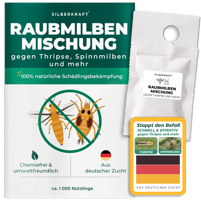 Silberkraft Raubmilben Mischung gegen Thripse und Spinnmilben – Verpackung mit ca. 1.000 Nützlingen aus deutscher Zucht