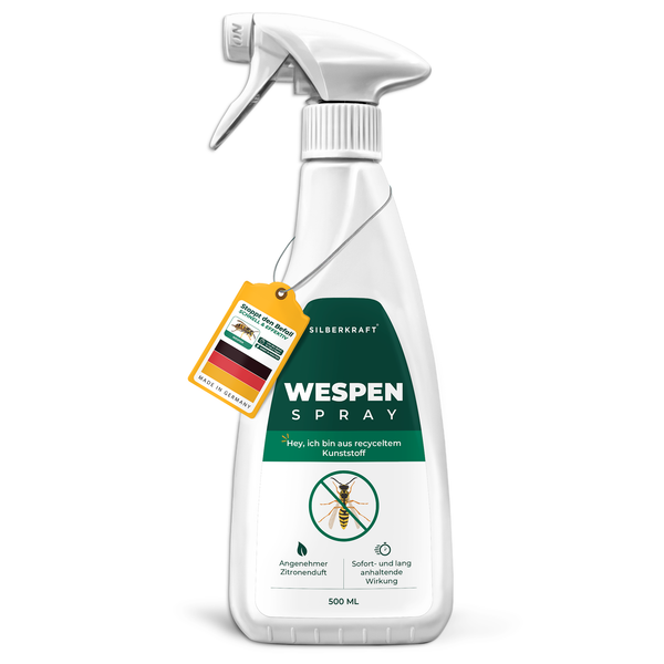 Silberkraft spray na osy 500 ml - przód butelki ze sprayem wykonany z tworzywa sztucznego pochodzącego z recyklingu, o natychmiastowym i długotrwałym działaniu przeciwko osom.