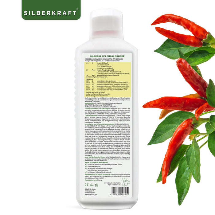 Chili Dünger - Mineralischer NPK Flüssigdünger mit Stickstoff - Dünger für Chilipflanzen - Peperoncini Dünger - Paprika Dünger - Silberkraft