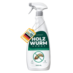 Silberkraft Holzwurmspray 1000 ml (1 Liter) Sprühflasche mit Holzwurm-Symbol, Made-in-Germany-Siegel und Hinweis auf inklusives Experten-eBook.