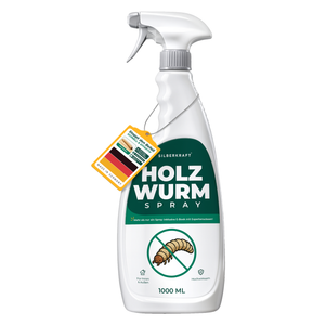 Silberkraft Holzwurmspray 1000 ml (1 Liter) Sprühflasche mit Holzwurm-Symbol, Made-in-Germany-Siegel und Hinweis auf inklusives Experten-eBook.