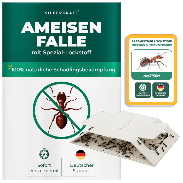 Silberkraft Ameisenfalle mit Spezial-Lockstoff zur natürlichen Schädlingsbekämpfung. Giftfrei und insektizidfrei, sofort einsatzbereit, deutscher Support. Effektive Falle gegen Ameisen im Haushalt.