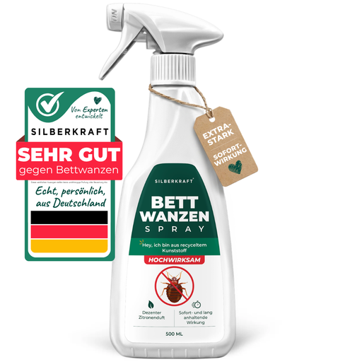 Silberkraft Bettwanzenspray 500 ml – Vorderansicht der Sprühflasche mit Siegel „Sehr gut gegen Bettwanzen“, von Experten in Deutschland entwickelt, hochwirksam mit Sofort- und Langzeitwirkung und dezentem Zitronenduft, Flasche aus recyceltem Kunststoff.
