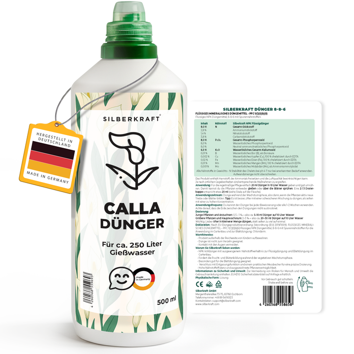 Calladünger – Mineralischer NPK Flüssigdünger mit Stickstoff – Dünger für Calla (Zantedeschia) – Zimmer- & Gartenpflanzen-Dünger - Silberkraft