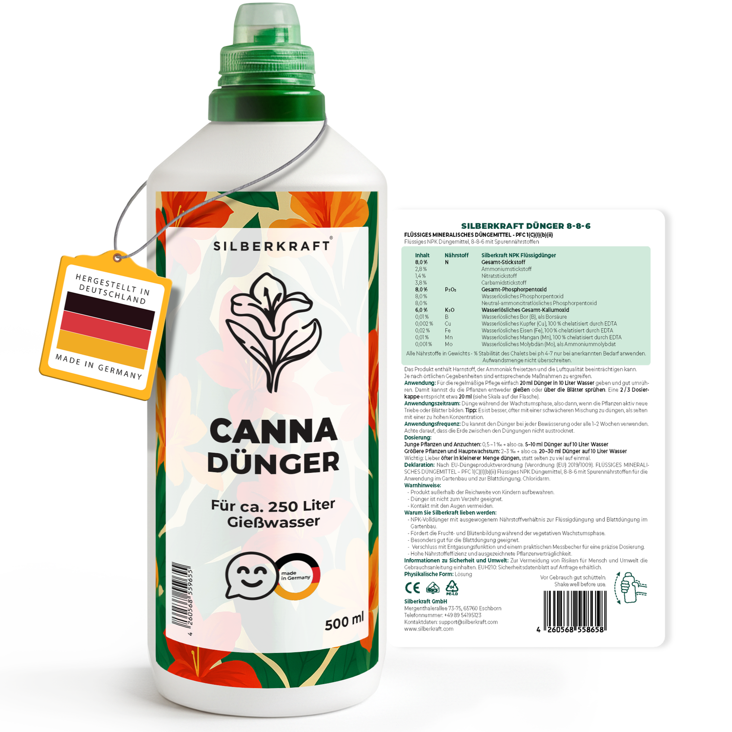 Cannadünger – Mineralischer NPK Flüssigdünger mit Stickstoff – Dünger für Canna (Blumenrohr) – Exoten- & Gartenpflanzen-Dünger - Silberkraft