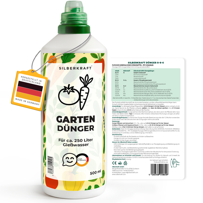 Gartendünger – Mineralischer NPK Flüssigdünger mit Stickstoff – Universaldünger für Gartenpflanzen – Blumen- & Sträucher-Dünger - Silberkraft