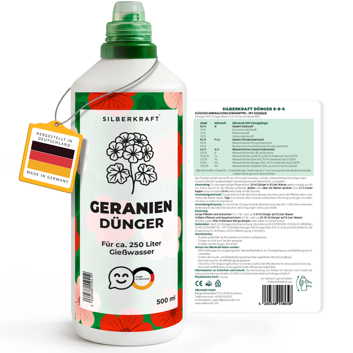 Geraniendünger – Mineralischer NPK Flüssigdünger mit Stickstoff – Dünger für Geranien (Pelargonien) – Balkonpflanzen-Dünger - Silberkraft