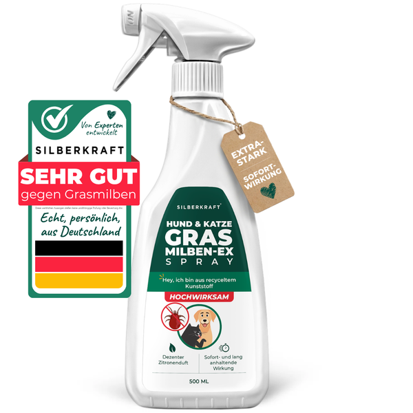 Silberkraft Grasmilben-Ex-Spray für Hund und Katze, 500 ml Sprühflasche mit grün-weißem Etikett, Gütesiegel „Sehr gut gegen Grasmilben“ und Anhänger „Extra Stark Sofortwirkung“ – hochwirksames Mittel mit dezentem Zitronenduft, hergestellt in Deutschland