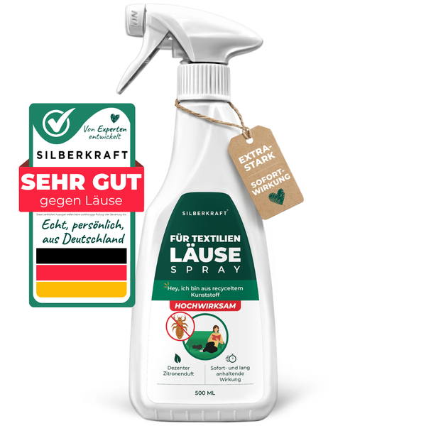 Silberkraft Läusespray für Textilien, 500 ml Sprühflasche mit grün-weißem Etikett, Gütesiegel „Sehr gut gegen Läuse“ und Anhänger „Extra Stark Sofortwirkung“ – hochwirksames Mittel mit dezentem Zitronenduft, hergestellt in Deutschland