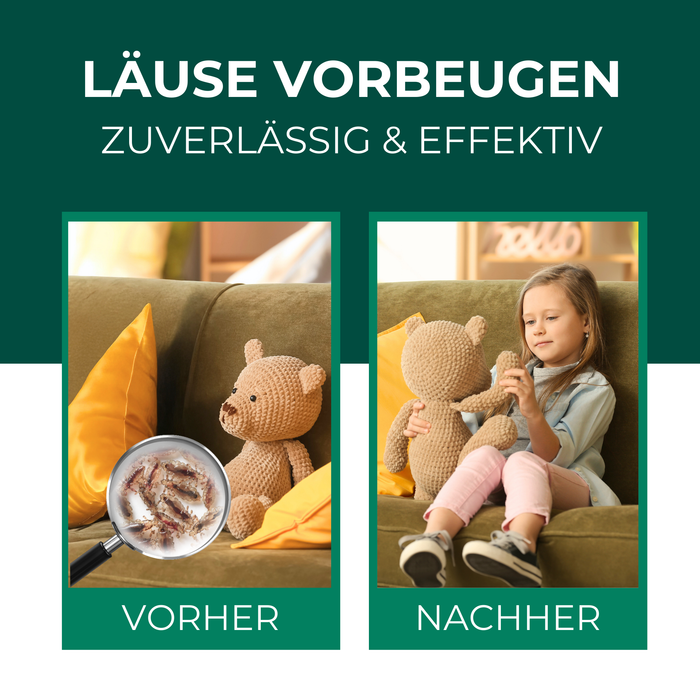 Vorher-Nachher-Vergleich zur Läusevorbeugung: Links ein Kuscheltier mit Läusebefall, vergrößert durch eine Lupe. Rechts ein Kind, das entspannt mit dem lausefreien Kuscheltier spielt. Text betont 'Läuse vorbeugen – zuverlässig und effektiv' als Wirkung des Silberkraft Läusesprays für Textilien