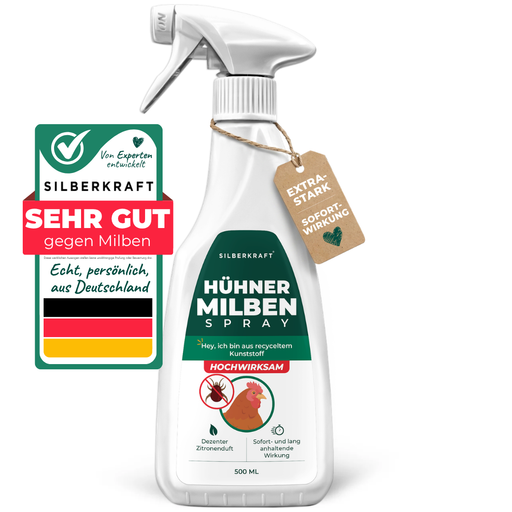 Silberkraft Milbenspray für Hühner, 500 ml Sprühflasche mit grün-weißem Etikett, Gütesiegel „Sehr gut gegen Milben“ und Anhänger „Extra Stark Sofortwirkung“ – hochwirksames Mittel mit dezentem Zitronenduft, hergestellt in Deutschland