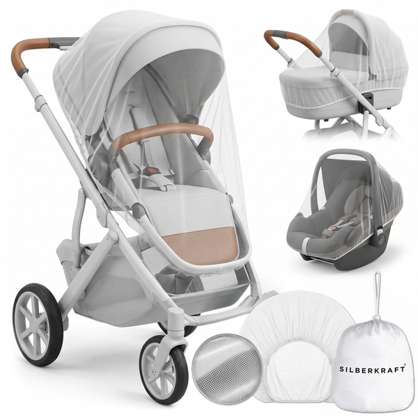 Silberkraft Moskitonetz für Kinderwagen und Buggy, feinmaschiges weißes Insektenschutznetz montiert auf Kinderwagen, Babyschale und Tragewanne, inklusive Aufbewahrungsbeutel – universeller Insektenschutz für unterwegs, leicht und reisetauglich
