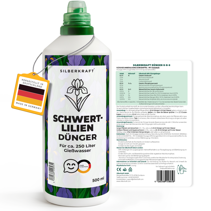 Schwertliliendünger – Mineralischer NPK Flüssigdünger mit Stickstoff – Dünger für Schwertlilien (Iris) – Stauden-Dünger - Silberkraft