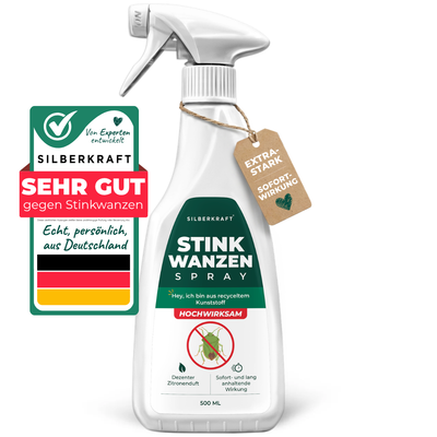 Silberkraft Stinkwanzenspray, 500 ml Sprühflasche mit grün-weißem Etikett, Gütesiegel „Sehr gut gegen Stinkwanzen“ und Anhänger „Extra Stark Sofortwirkung“ – hochwirksames Mittel mit dezentem Zitronenduft, hergestellt in Deutschland