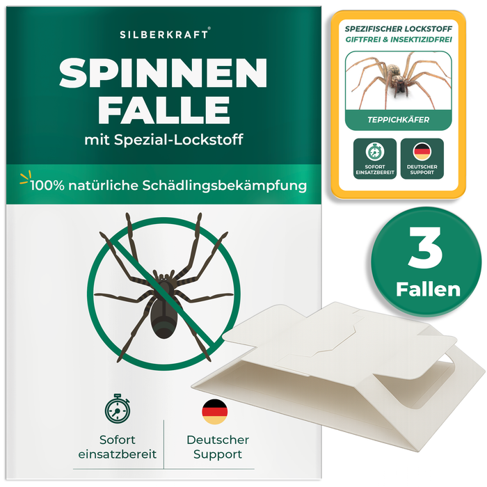 Silberkraft 3 X Spinnenfalle mit integriertem Spezial-Lockstoff, biozidfreie Klebefalle zur Spinnenbekämpfung in Wohnräumen
