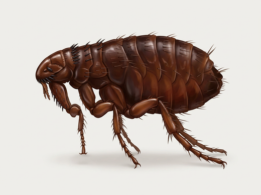 Pchła kocia (Ctenocephalides felis) z boku: ciemnobrązowa, bocznie spłaszczona pchła z silnie skaczącymi nogami