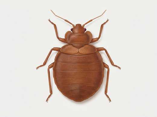 Pluskwa (Cimex lectularius) z góry: płasko-owalne, czerwonawo-brązowe ciało bez skrzydeł