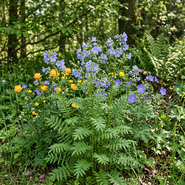 Blaue Himmelsleiter (Polemonium caeruleum) in Blüte im naturnahen Garten (KI-generiert)