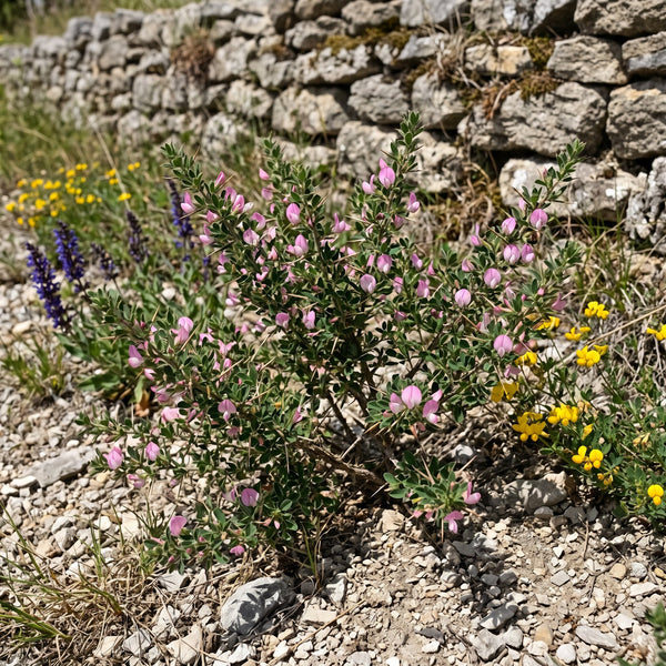Dornige Hauhechel (Ononis spinosa) in Blüte im naturnahen Garten (KI-generiert)