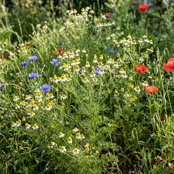 Echte Kamille (Matricaria recutita) in Blüte im naturnahen Garten (KI-generiert)