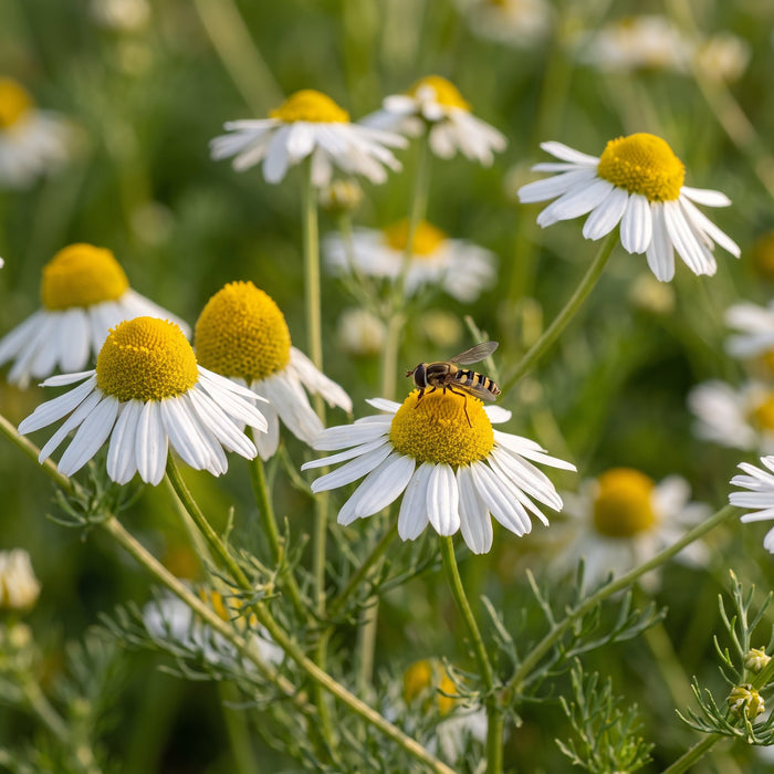 Blüte von Echte Kamille (Matricaria recutita) in Nahaufnahme (KI-generiert)