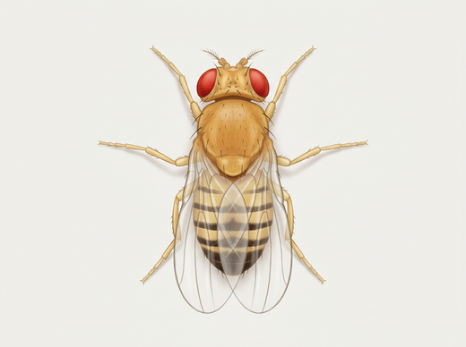 Muszka owocowa (Drosophila) z góry, żółto-brązowa z czerwonymi oczami