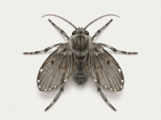 Muszka motylkowa (Psychodidae) z góry, szara i futrzana