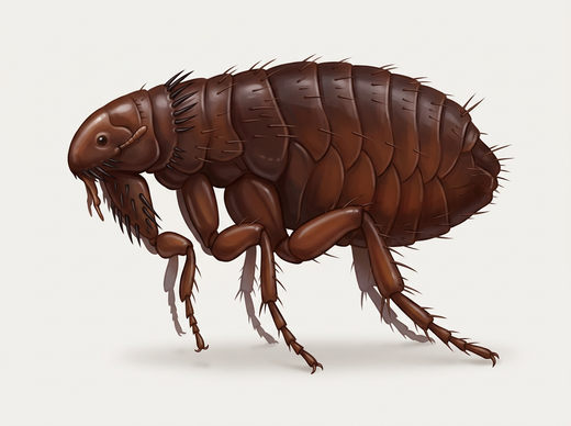 Pchła psia (Ctenocephalides canis) w widoku z boku z okrągłą głową i kolczastymi grzebieniem