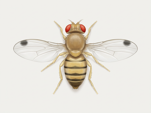 Mucha octowa wiśniowa (Drosophila suzukii), samiec z ciemną plamą na każdym skrzydle, z góry