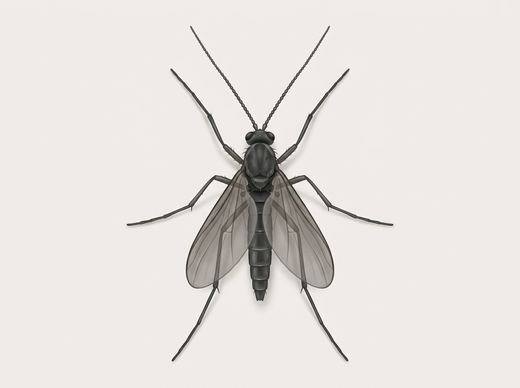 Komar grzybowy (Sciaridae), smukły czarny komar z długimi czułkami, z góry