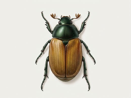 Chrząszcz ogrodowy (Phyllopertha horticola) z góry, zielone przedplecze i czerwono-brązowe osłony skrzydeł