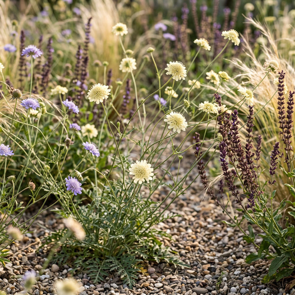 Gelbe Skabiose (Scabiosa ochroleuca) in Blüte im naturnahen Garten (KI-generiert)