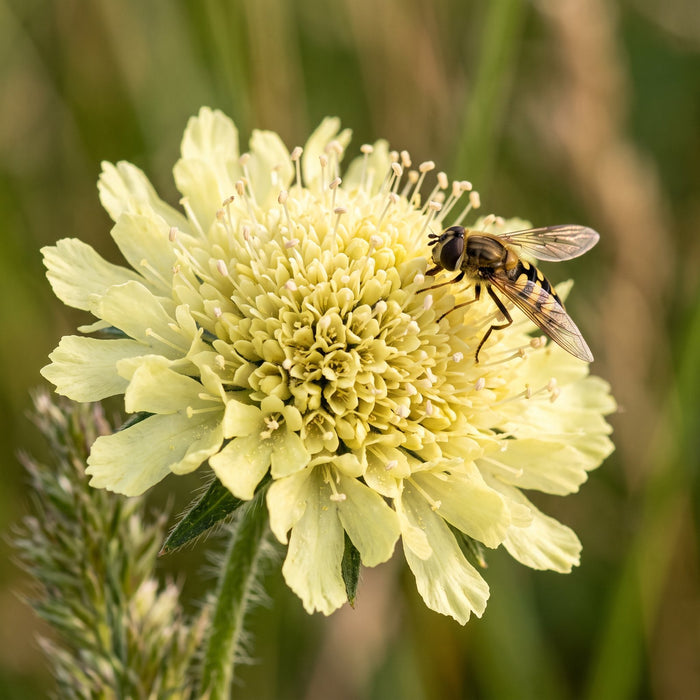 Blüte von Gelbe Skabiose (Scabiosa ochroleuca) in Nahaufnahme (KI-generiert)
