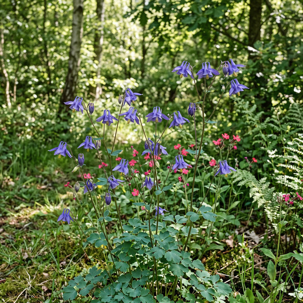 Gewöhnliche Akelei (Aquilegia vulgaris) in Blüte im naturnahen Garten (KI-generiert)