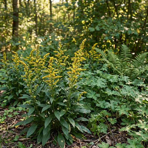 Gewöhnliche Goldrute (Solidago virgaurea) in Blüte im naturnahen Garten (KI-generiert)