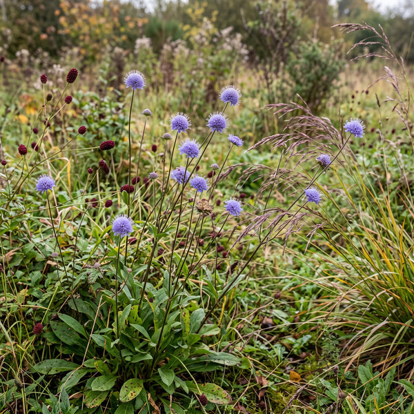 Gewöhnlicher Teufelsabbiss (Succisa pratensis) in Blüte im naturnahen Garten (KI-generiert)
