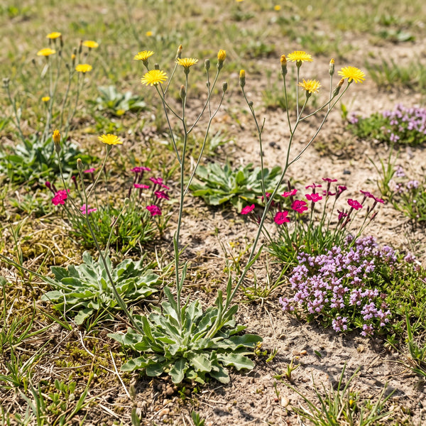 Gewöhnliches Ferkelkraut (Hypochaeris radicata) in Blüte im naturnahen Garten (KI-generiert)