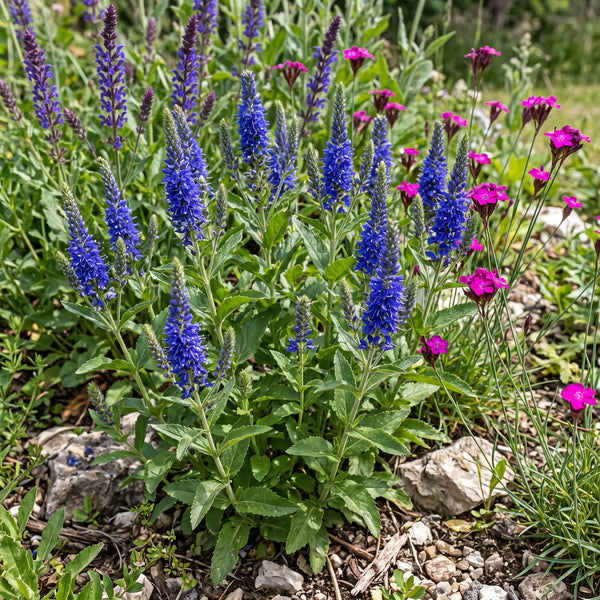 Großer Ehrenpreis (Veronica teucrium) in Blüte im naturnahen Garten (KI-generiert)