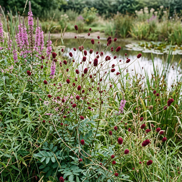 Großer Wiesenknopf (Sanguisorba officinalis) in Blüte im naturnahen Garten (KI-generiert)
