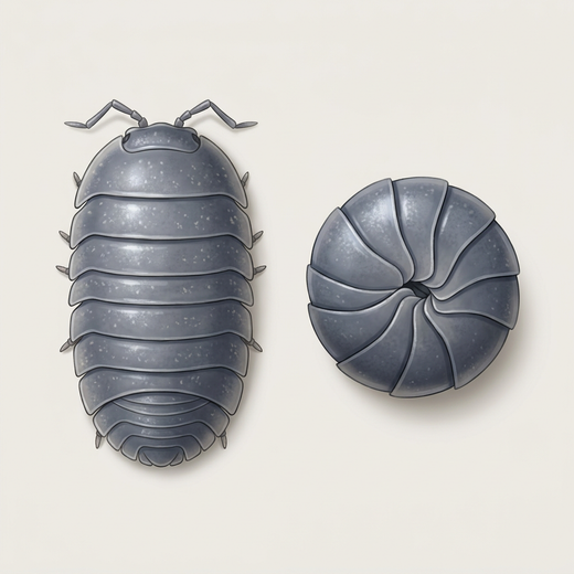 Woodlouse (Armadillidium vulgare) z góry, obok niej zwierzę zwinięte w kłębek