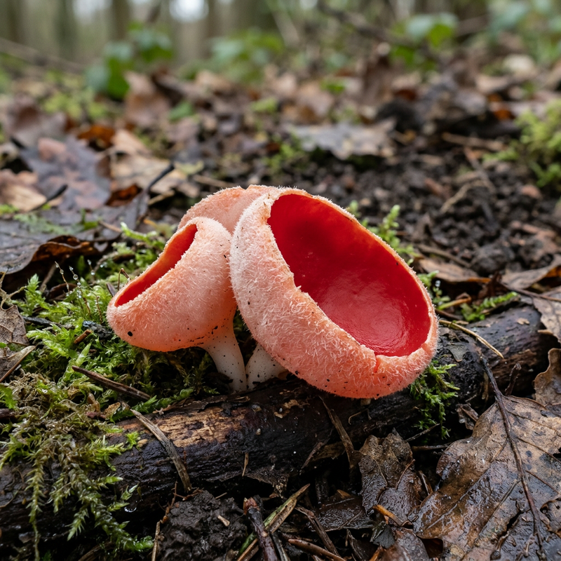 Kielich Cupling (Sarcoscypha), ilustracja AI