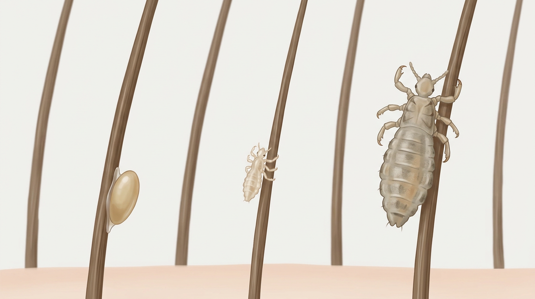 Ilustracja w dużym powiększeniu: Jaja wszy (gnid) na linii włosów, młoda larwa i dorosła wszy głowowa na ludzkich włosach