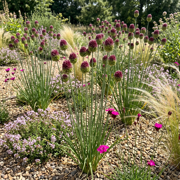 Kugelköpfiger Lauch (Allium sphaerocephalon) in Blüte im naturnahen Garten (KI-generiert)