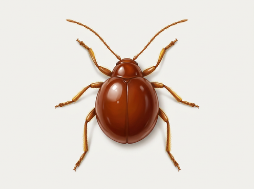 Chrząszcz kulisty (Gibbium psylloides) z góry: błyszczący czerwonobrązowy, kulisty chrząszcz z owłosionymi nogami