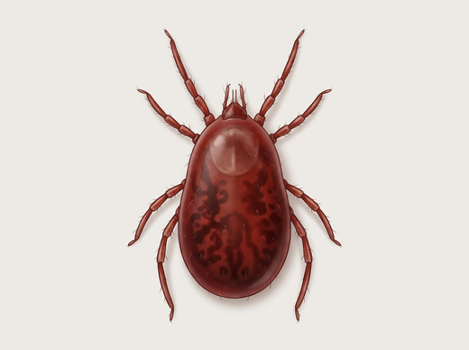 Roztocz czerwony (Dermanyssus gallinae) z góry, czerwony pełny z ośmioma nogami
