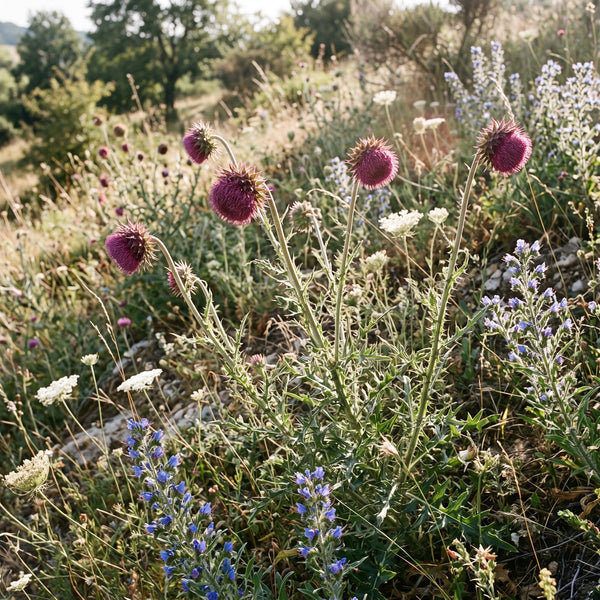 Nickende Distel (Carduus nutans) in Blüte im naturnahen Garten (KI-generiert)