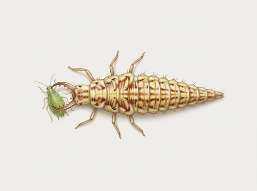Larwa Lacewing (Chrysoperla carnea) trzyma od góry zieloną mszycę za pomocą szczypiec ssących