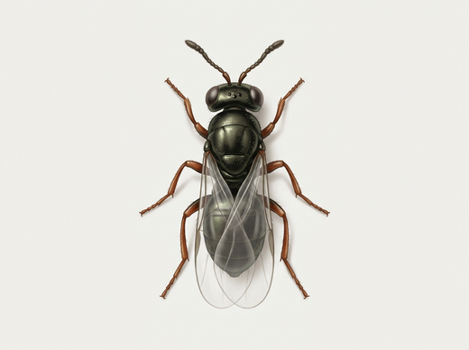 Osa obozowa (Lariophagus distinguendus) z czarnym ciałem i czerwonobrązowymi nogami, z góry