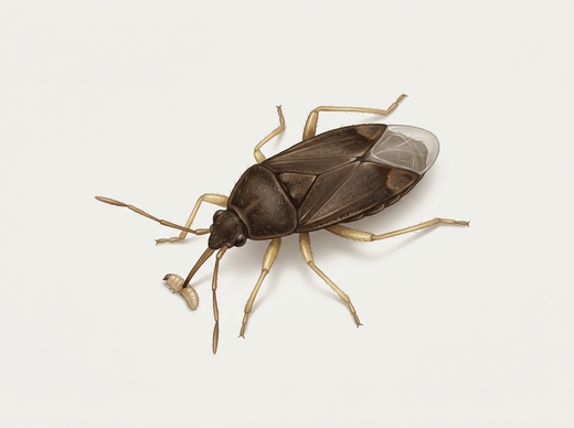 Pirat obozowy (Xylocoris flavipes), mały ciemnobrązowy drapieżny robak wysysający larwę chrząszcza